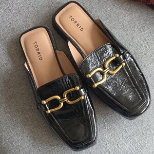 Torrid Black Patent Slip-On Mules with Gold Horsebit